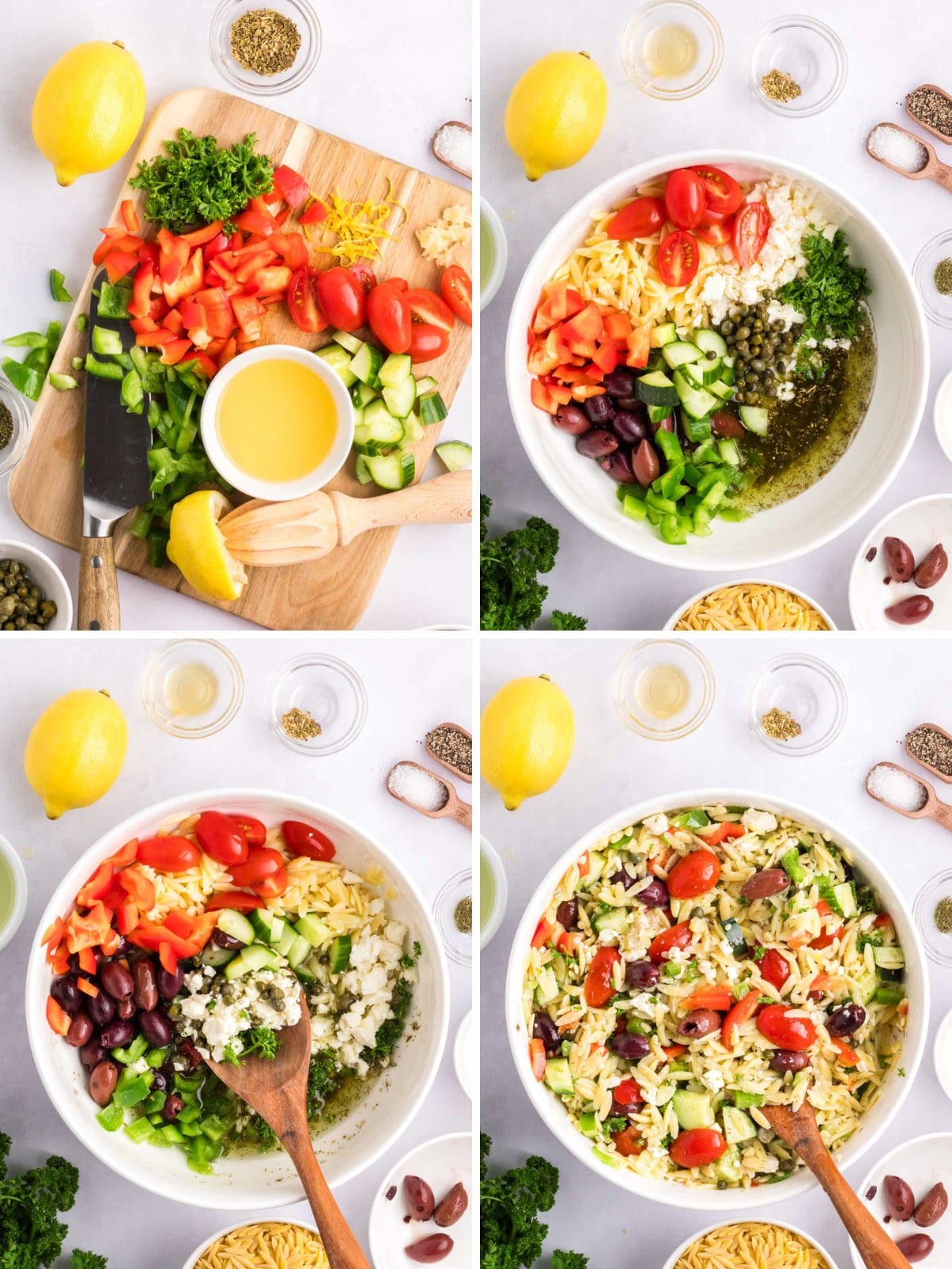 Collage image showing adding orzo salad ingredients to the dressing in a large white bowl and mixing to combine.