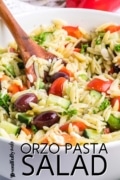 Pin 2 for Orzo Pasta Salad featuring a close up shot.