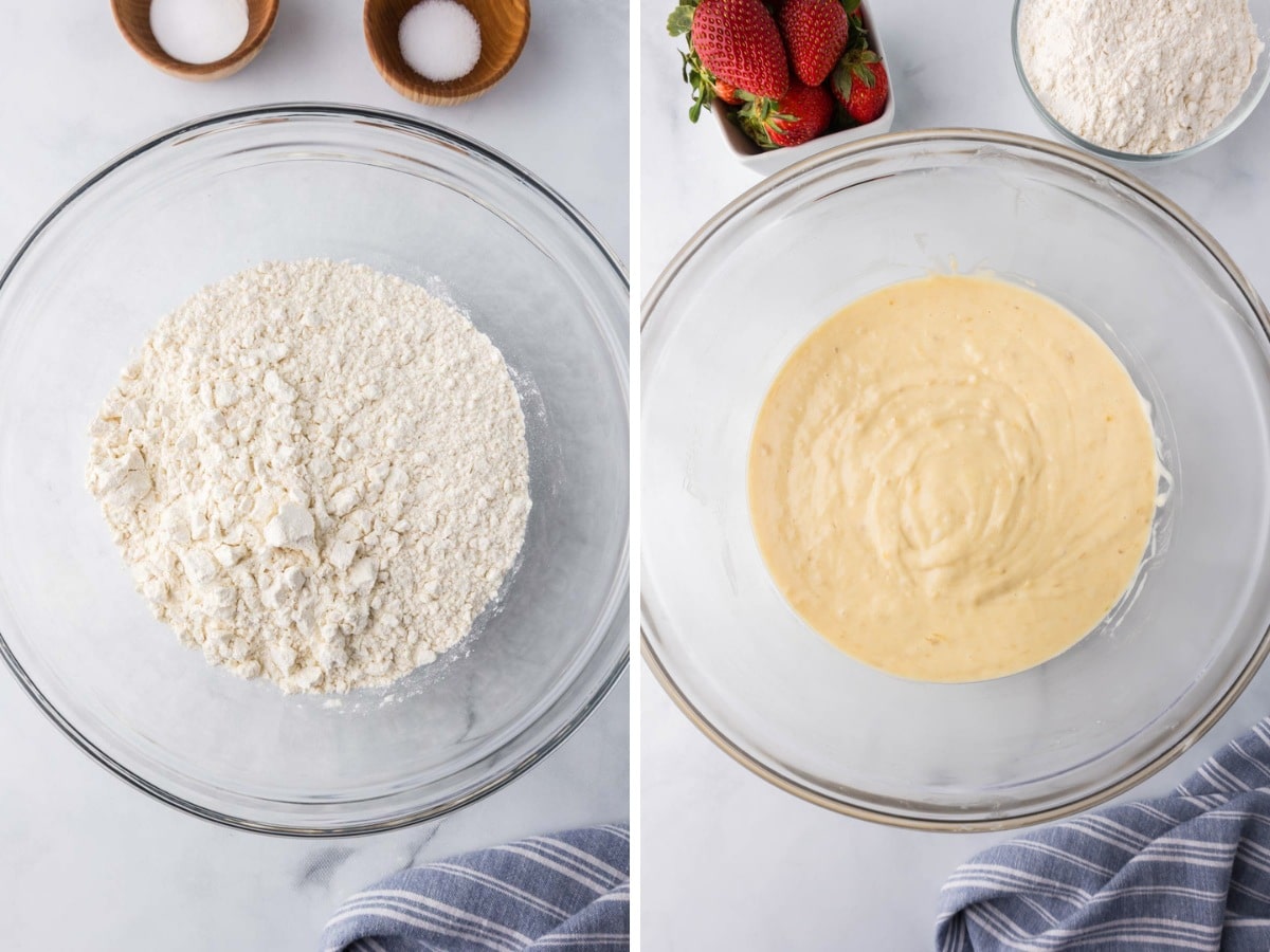 A bowl of flour, baking soda, and salt mixed together and then stirred into wet ingredients.