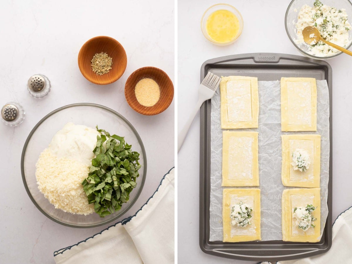 Cheese filling in a bowl and then scooped onto puff pastry on a parchment lined baking sheet.