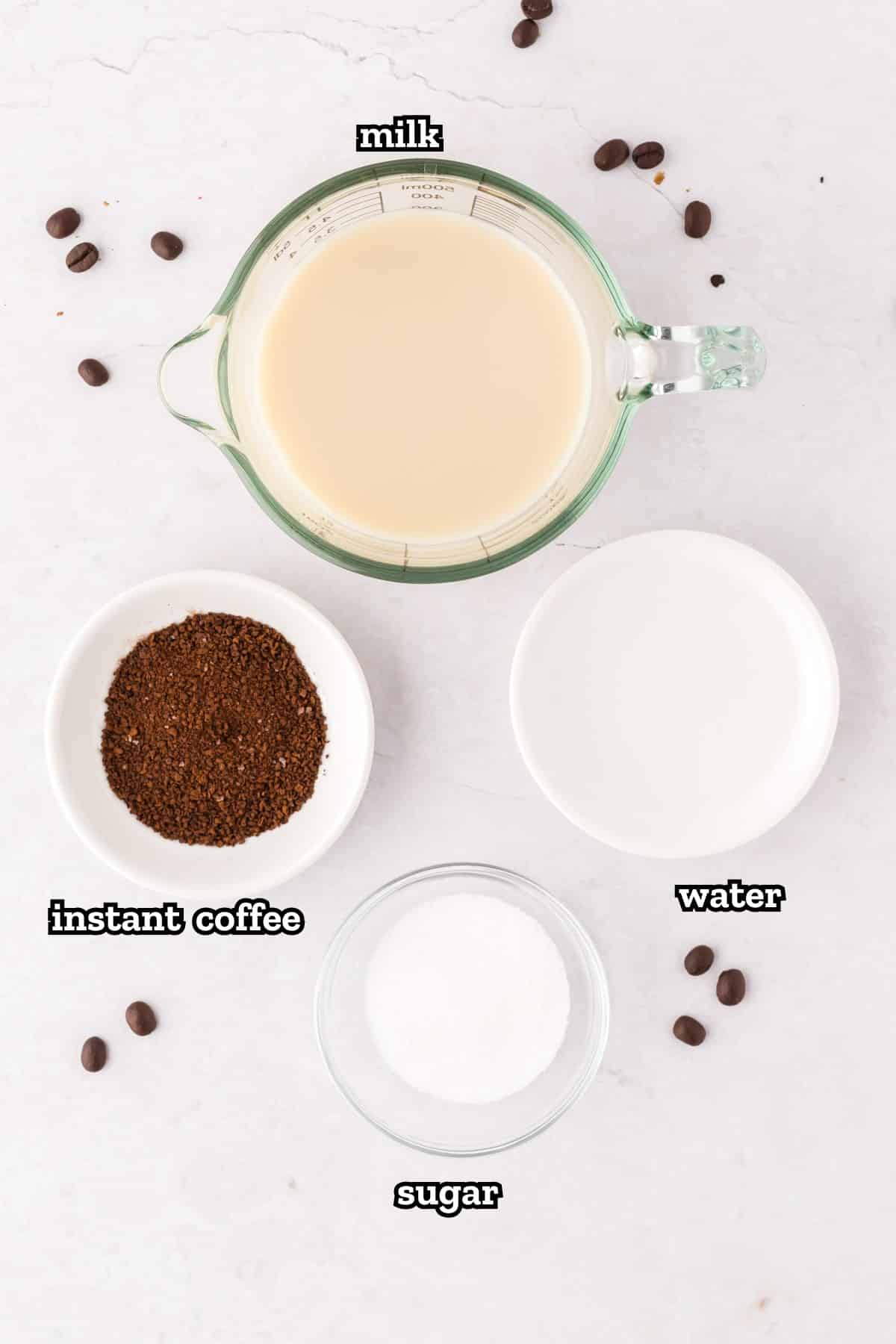 A labeled image of ingredients needed to make whipped dalgona coffee.