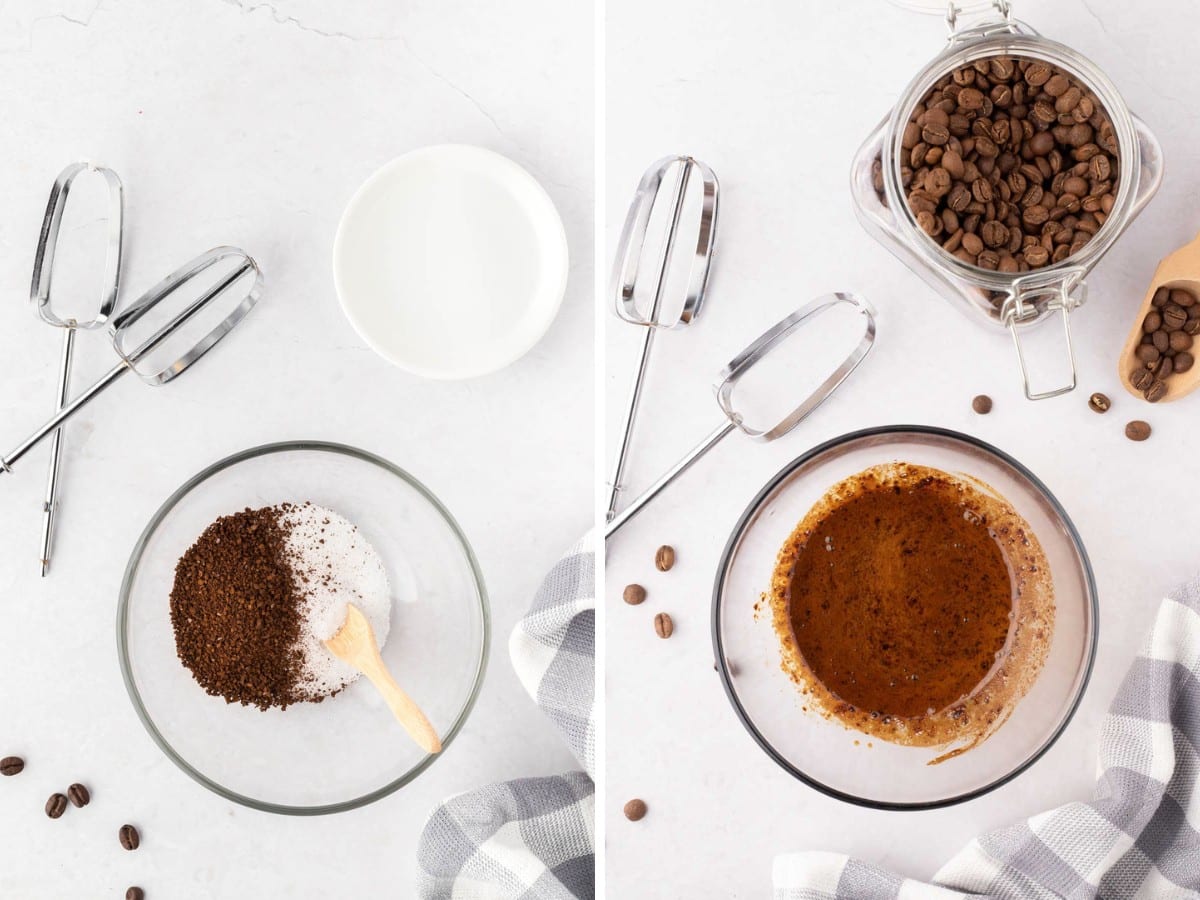 Combining instant coffee and sugar to a bowl, then adding water and stirring together to make coffee.