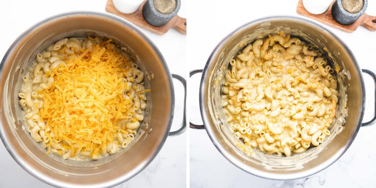 Noodles with cheese sauce and shredded cheese in a pot and then stirred to combine.