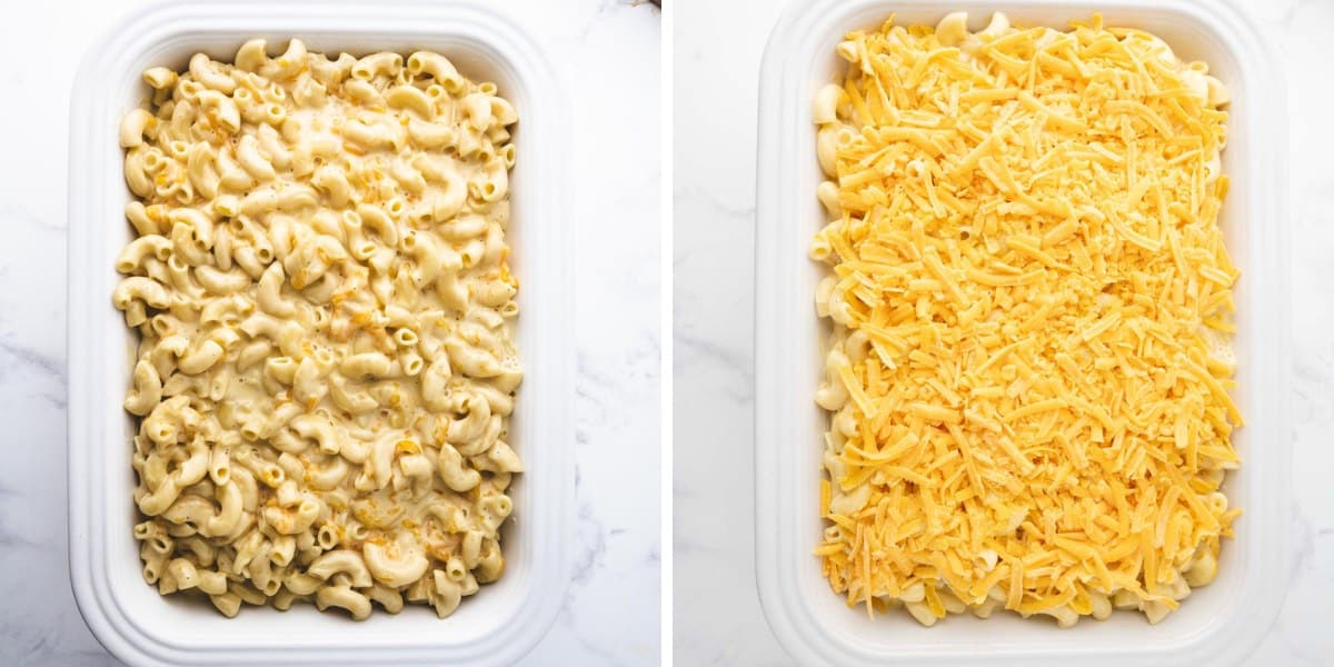 Macaroni and cheese mixture added to a casserole dish and topped with shredded cheese.