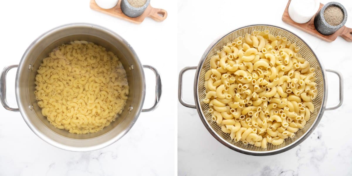 Noodles boiled in a pot and then drained in a colander.