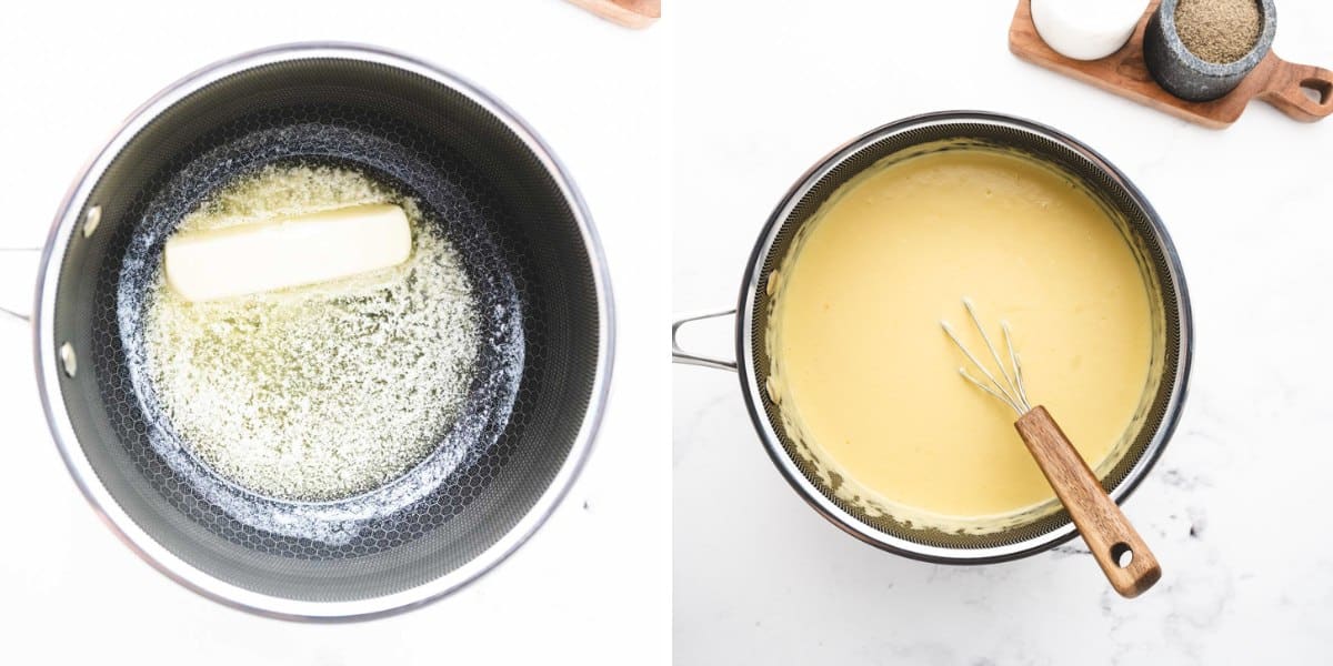 Melted butter added to a sauce pan and then cheese, cream, and milk added to make a cheese sauce.