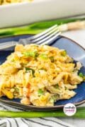 Pin 4 image of chicken noodle casserole on a blue plate.