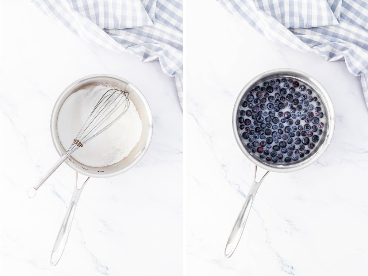 Sugar and water added to a saucepan then blueberries poured in to make blueberry pie filling.