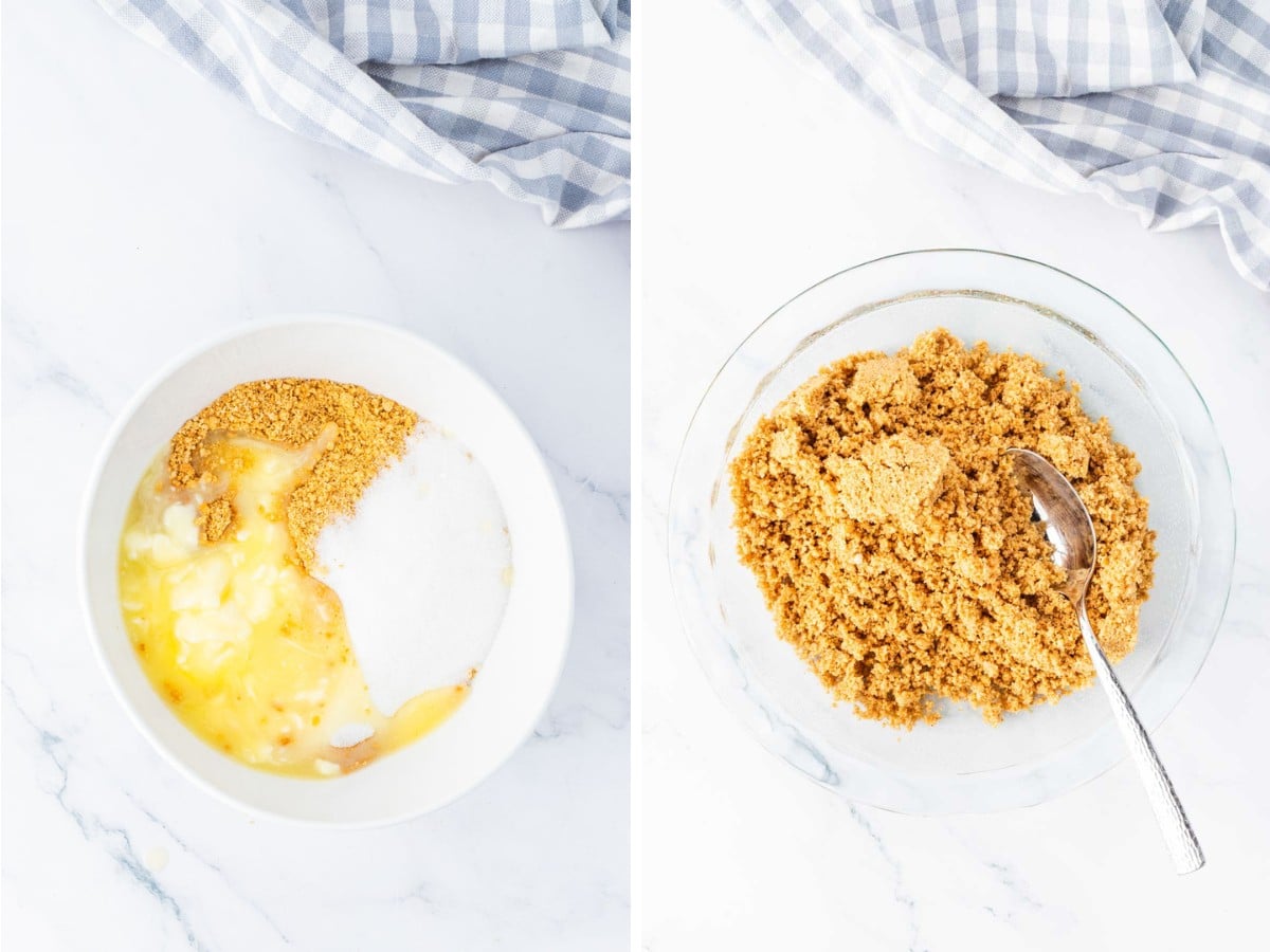 Adding melted butter and sugar to graham cracker crumbs to make crust.