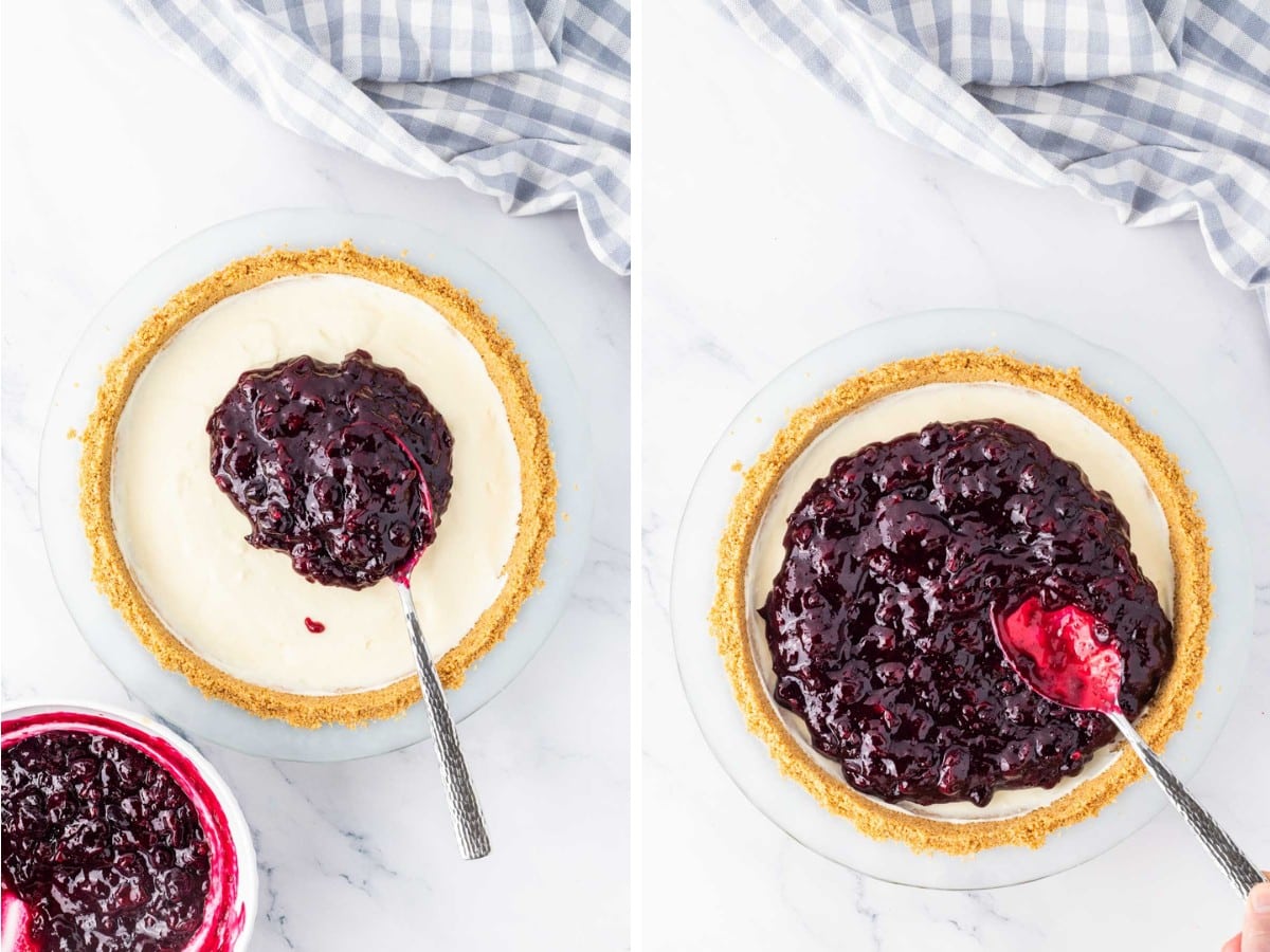 Adding blueberry filling to the top of the cheesecake layer.