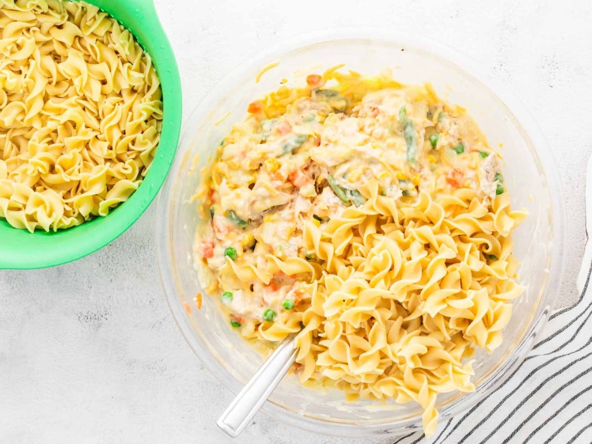 Cooked egg noodles added to chicken mixture.