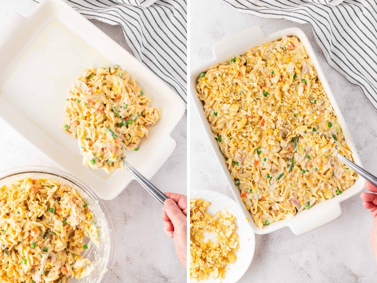 Chicken noodle mixture added into a casserole dish and then topped with cracker mixture.
