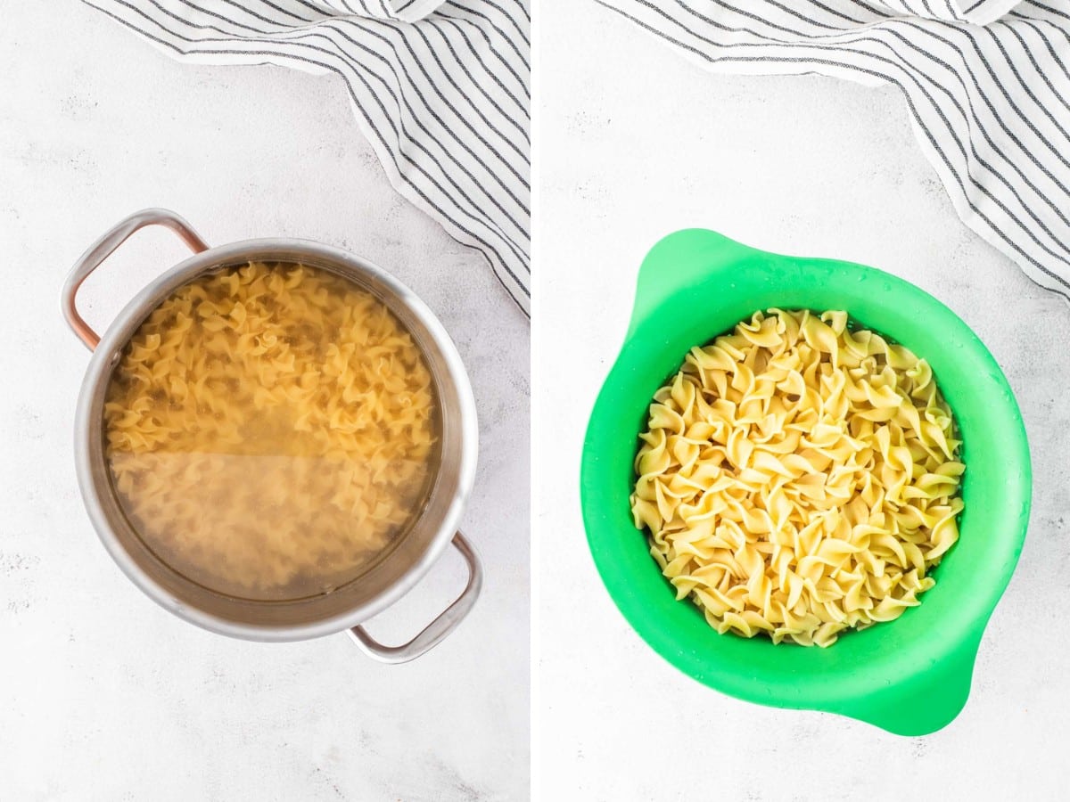 Egg noodles boiled in a pot and then strained in a colander.