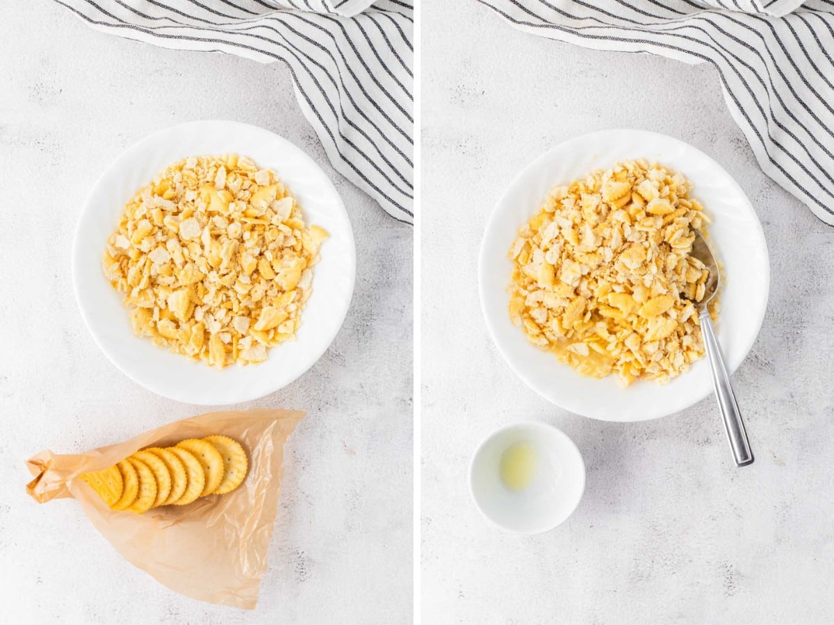 Chopped ritz crackers in a bowl with melted butter added to them.