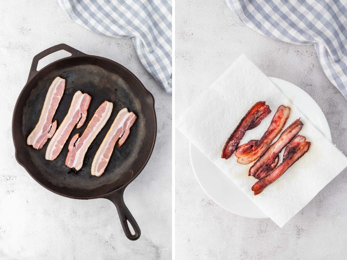 Bacon frying in a skillet and then being drained on a paper towel.