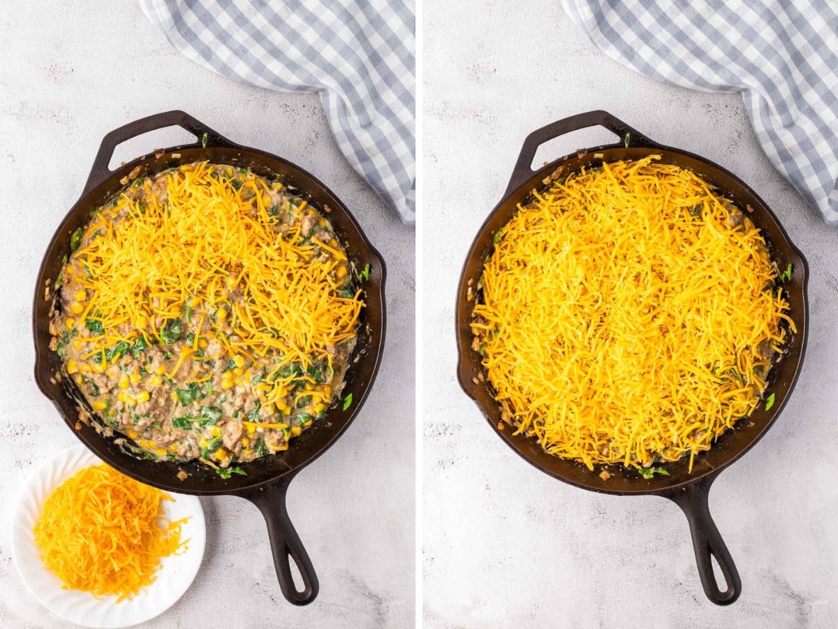 Shredded cheddar cheese being added to the top of cowboy casserole filling.