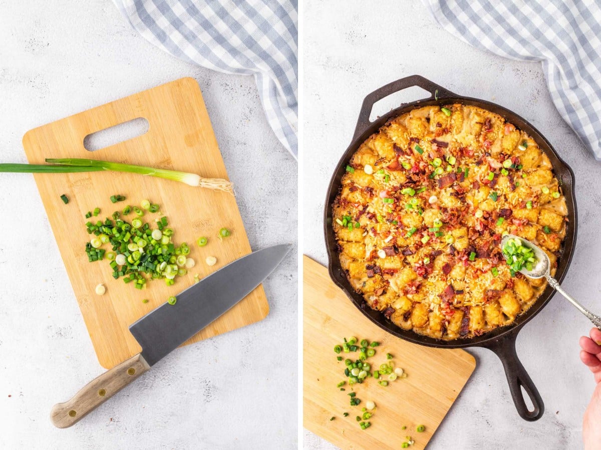 Sliced green onions on a cutting board and then sprinkling them on top of a cowboy casserole.