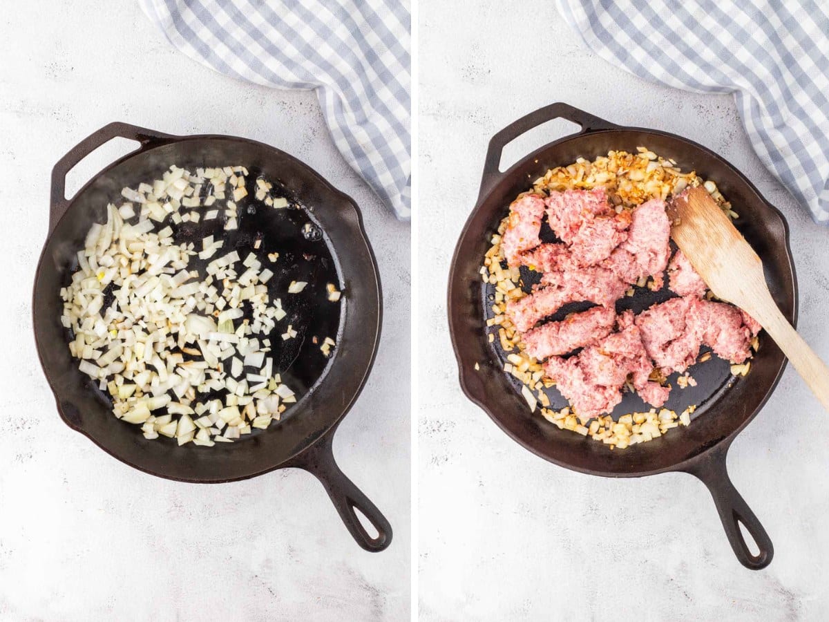 Sautéing diced onions in a skillet and then adding ground sausage to the skillet to cook.