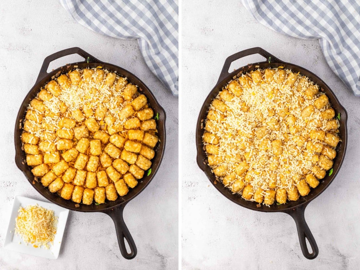 Parmesan cheese sprinkled on top of tater tots in a skillet.