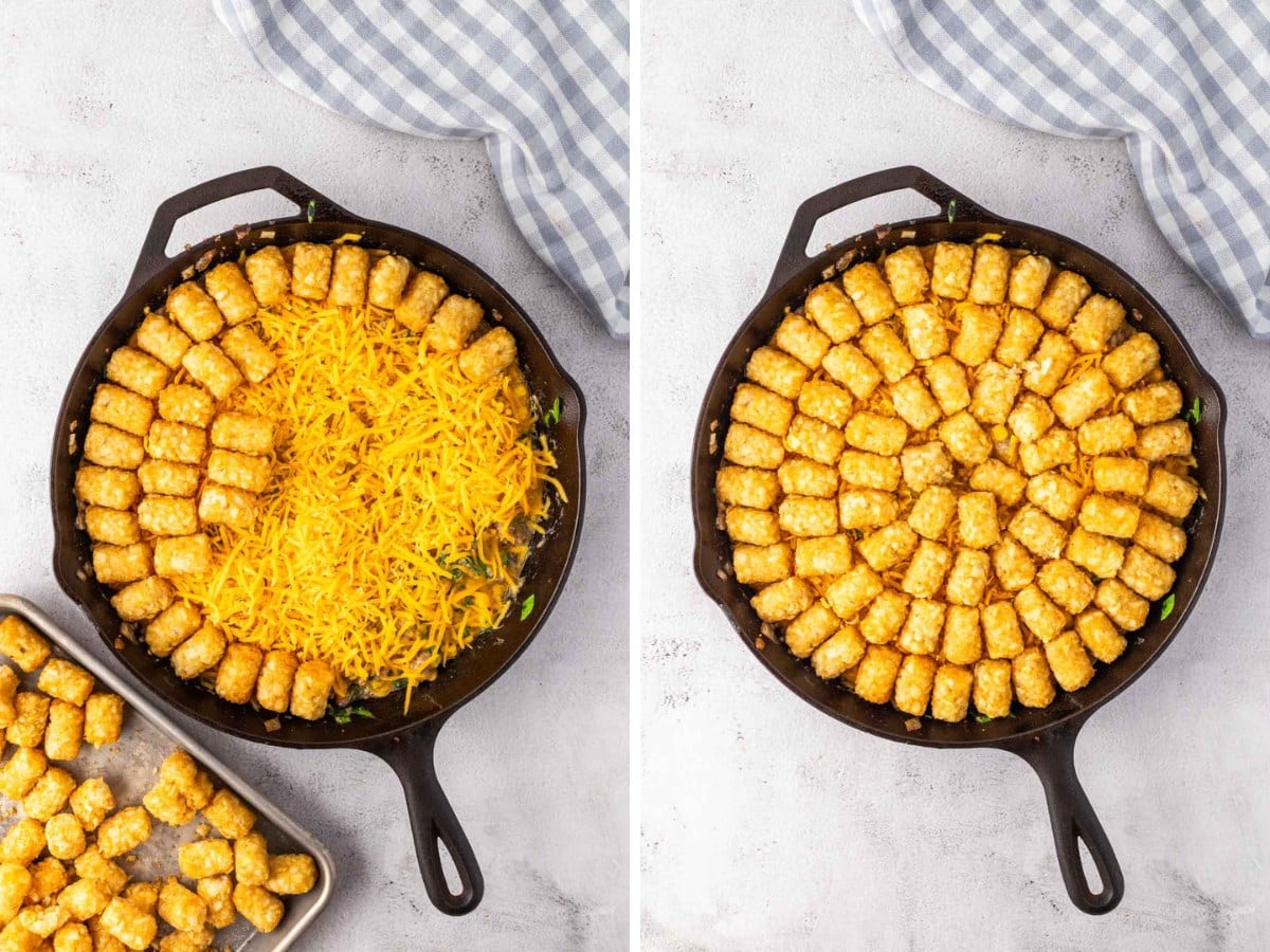 Adding tater tots to the top of a cowboy casserole in a black skillet.