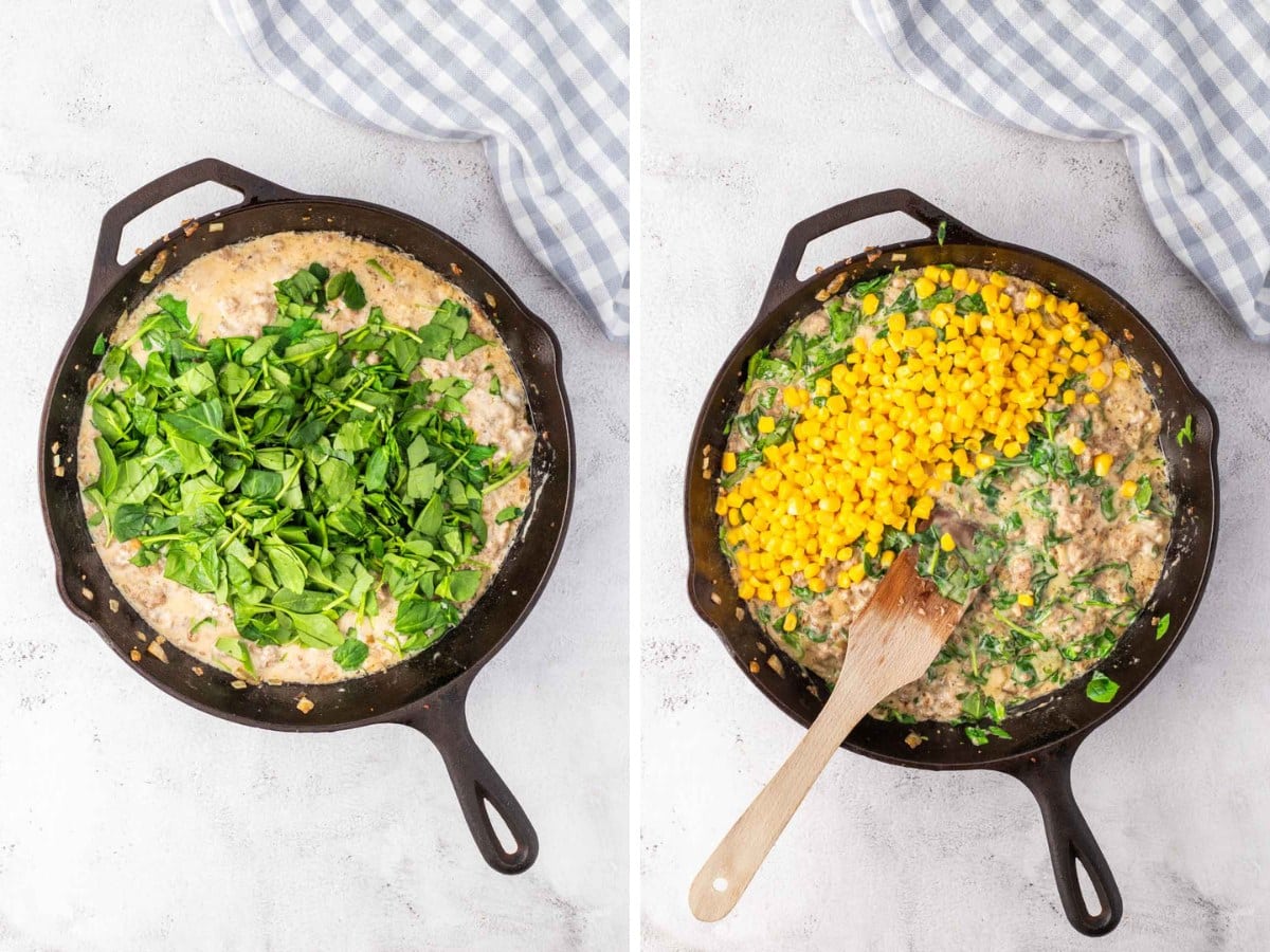 A cast iron skillet with spinach and then corn added to meat mixture.