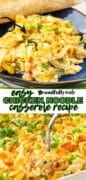 Easy chicken noodle casserole recipe pin 1 long pin image in the casserole dish.