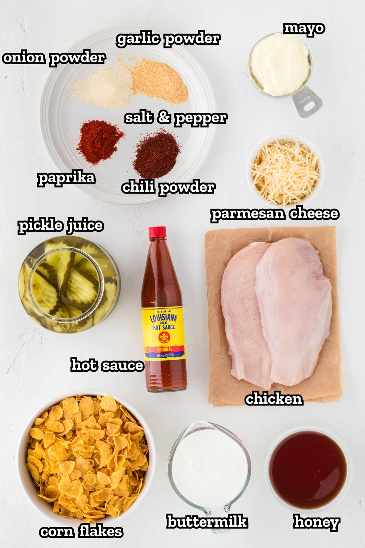 Labeled ingredients needed to make hot honey chicken.