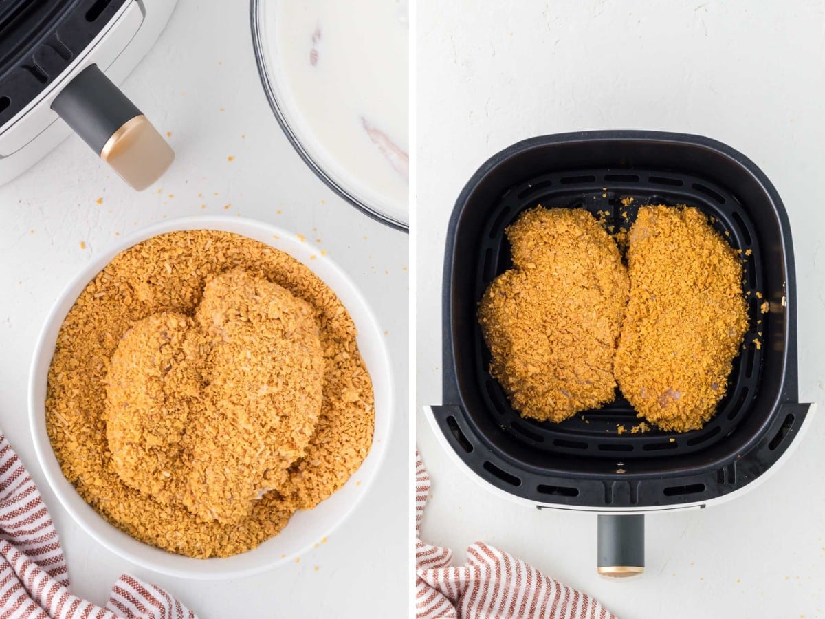 Chicken breast dipped into seasoned cornflakes crumbs and then placed in an airfryer.