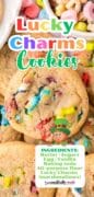 Pin 1 long pin for Lucky Charms Cookies recipe with ingredient list.