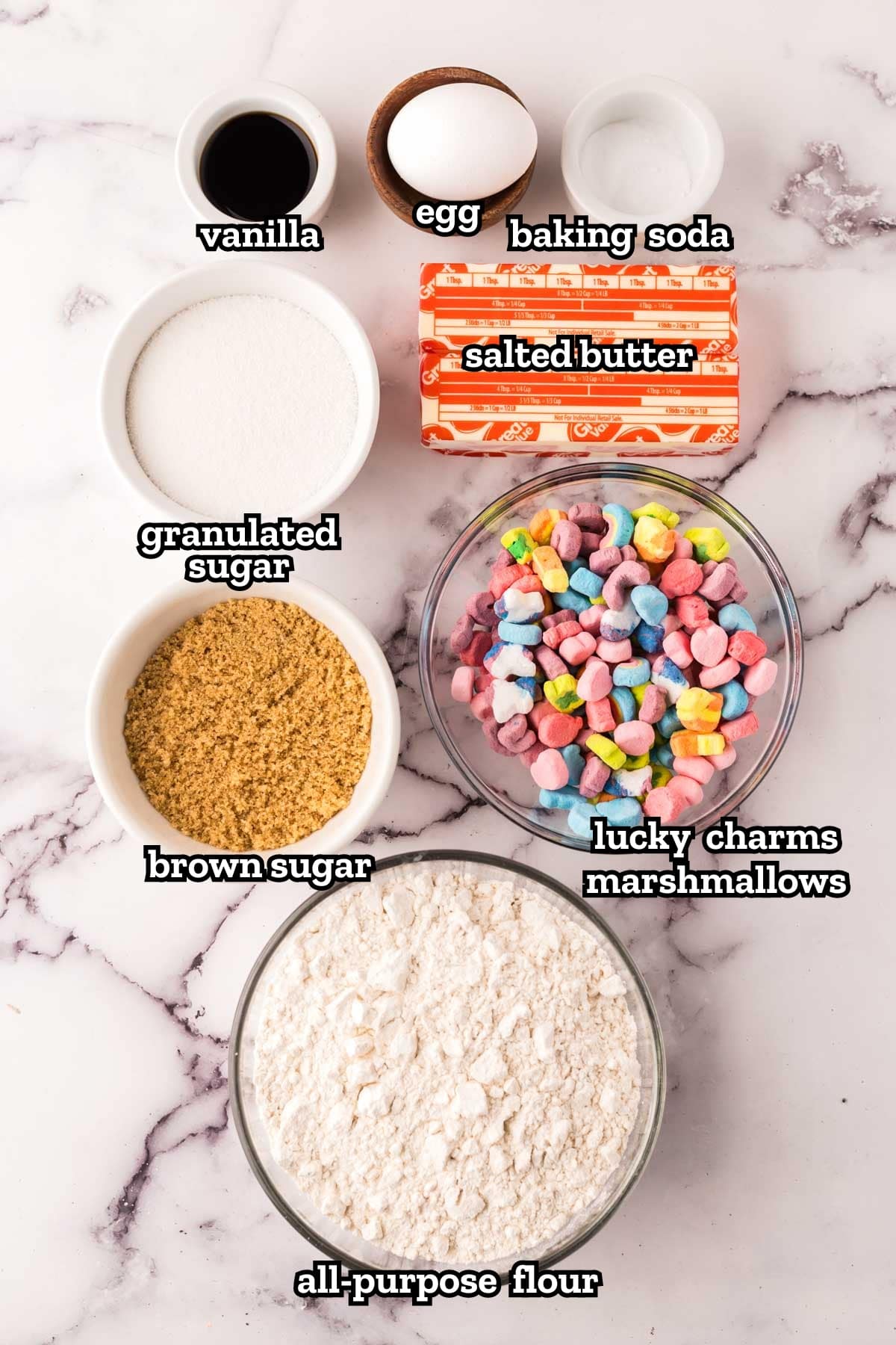 Labeled ingredients needed to make Lucky Charms cookies recipe.