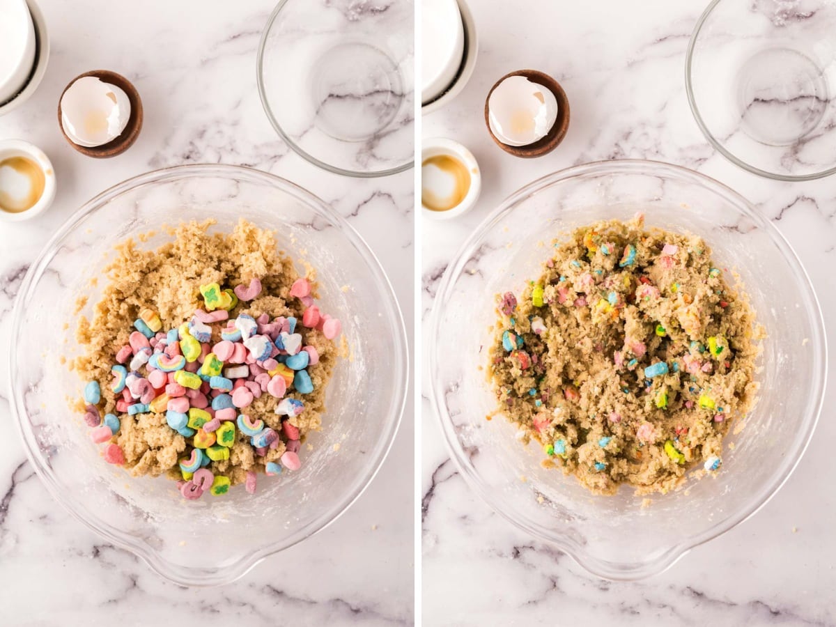 Lucky charms marshmallows added to cookie dough and then folded into the dough.