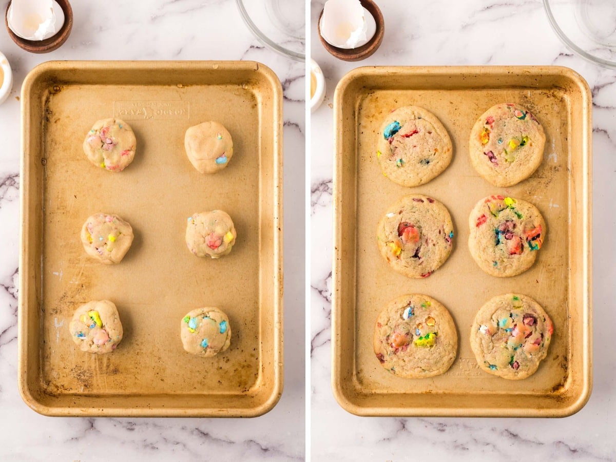 Raw lucky charms cookie dough on a baking sheet and then the cookies after being baked.
