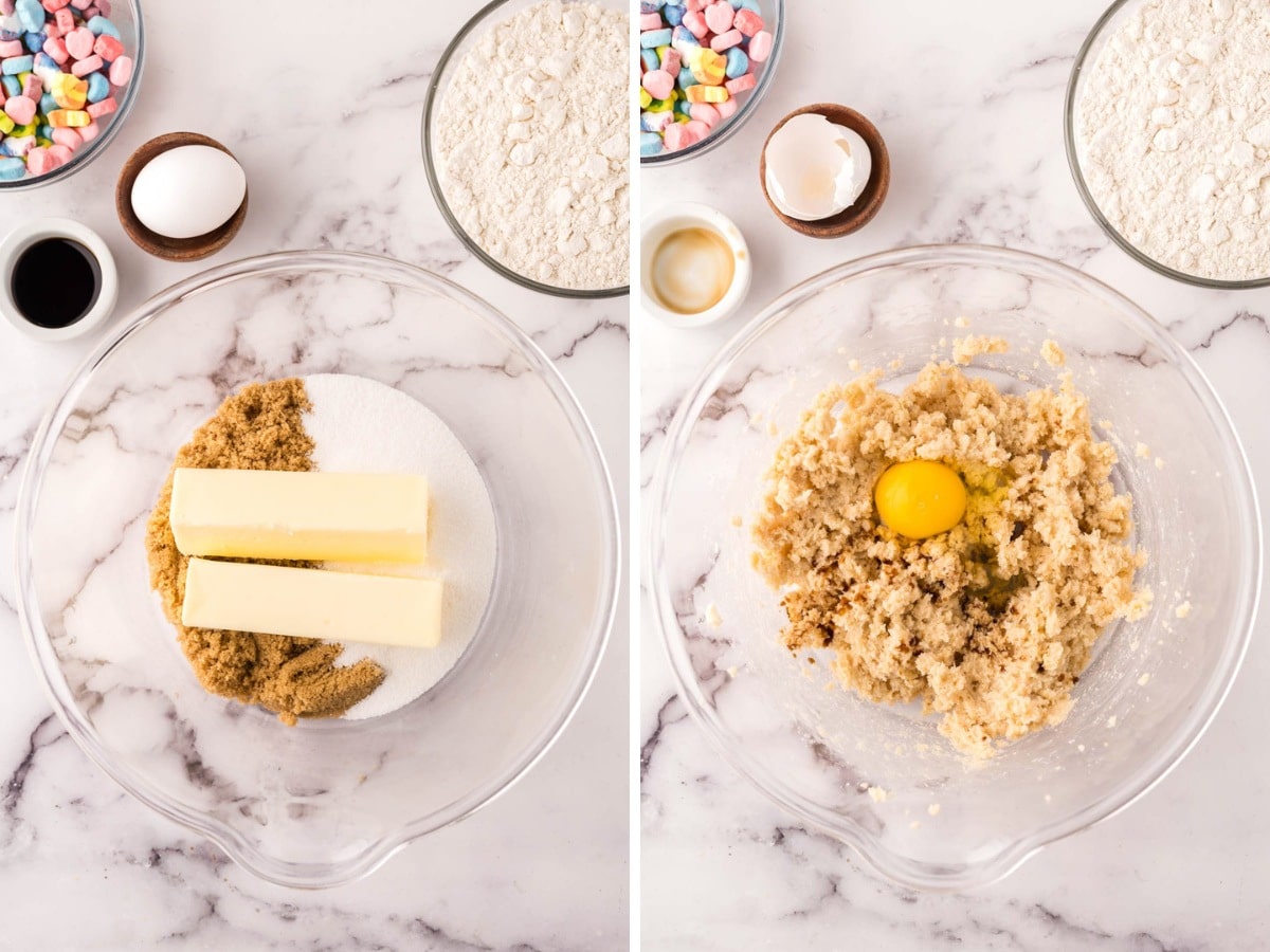Butter and sugar added to a bowl then an egg added to the mixture.