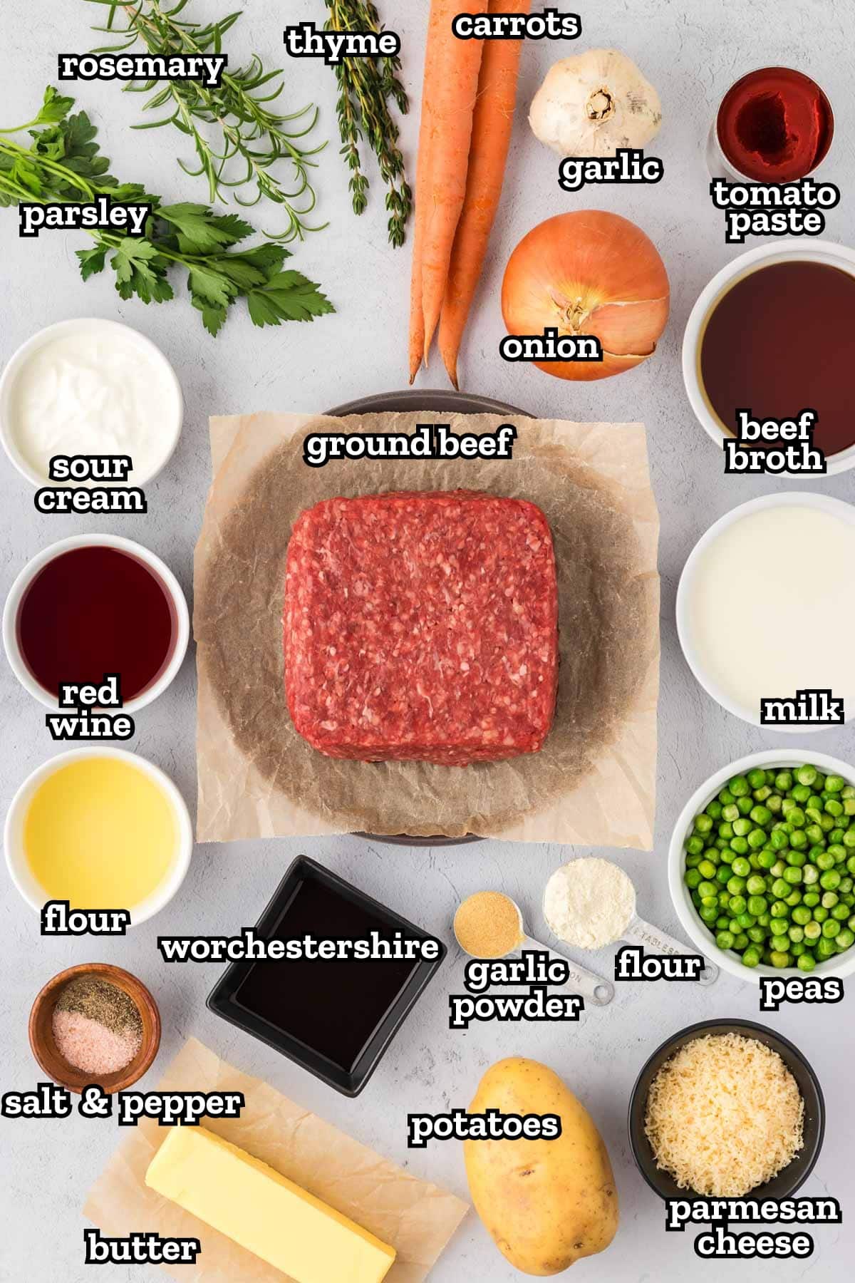 Labeled ingredients needed to make shepherd's pie recipe