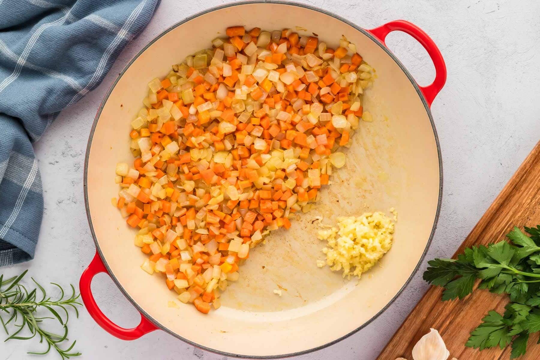 Diced onions, carrots and garlic saut&eacute;d in oil.