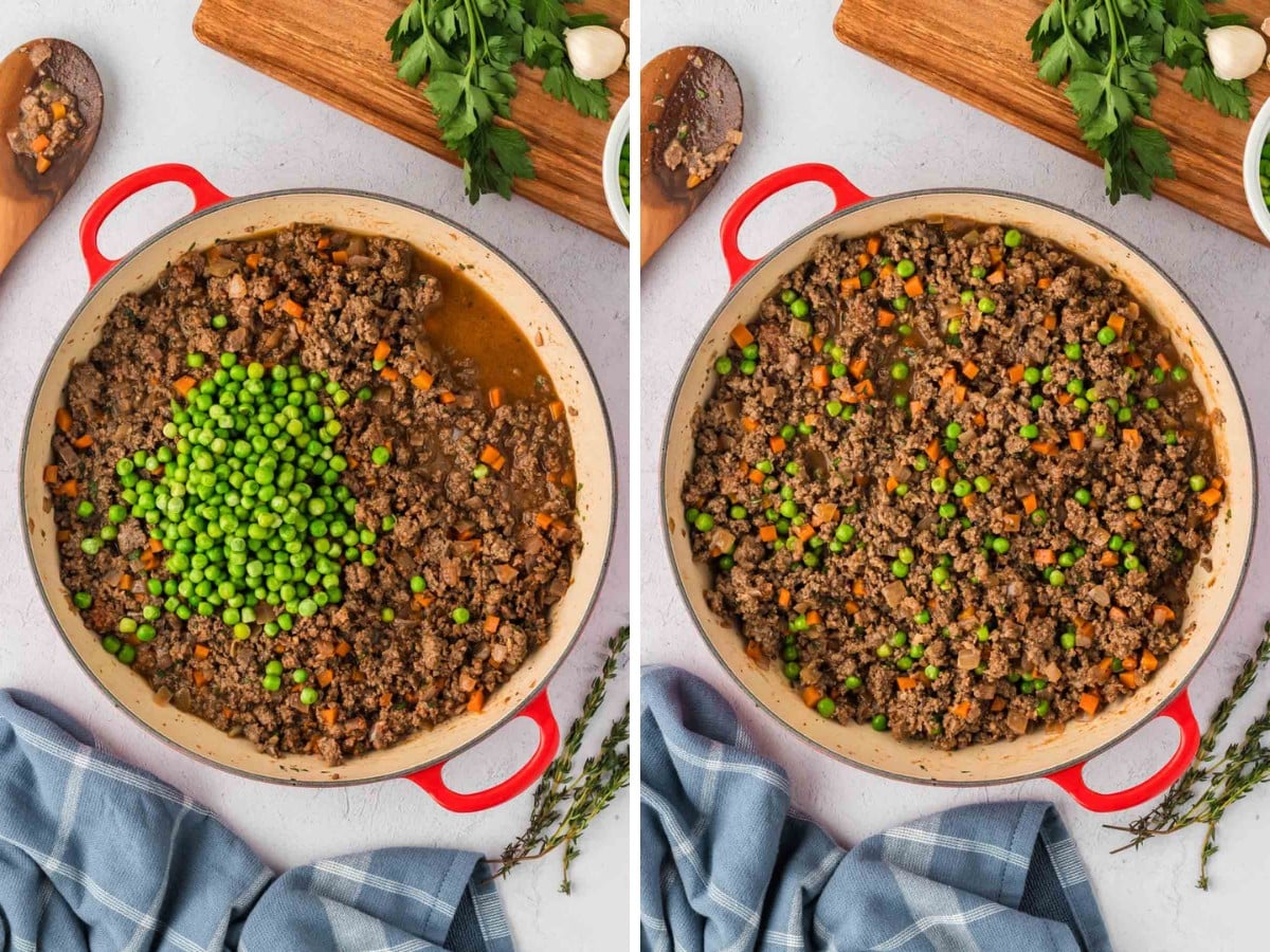 Ground beef mixture for shephard's pie in a pot with green peas added and stirred in.