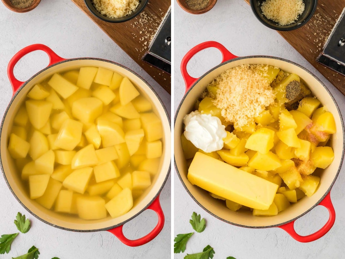 Cubed potatoes boiling in a pot until soft, then drained and butter, sour cream, cheese, salt, pepper and milk added.