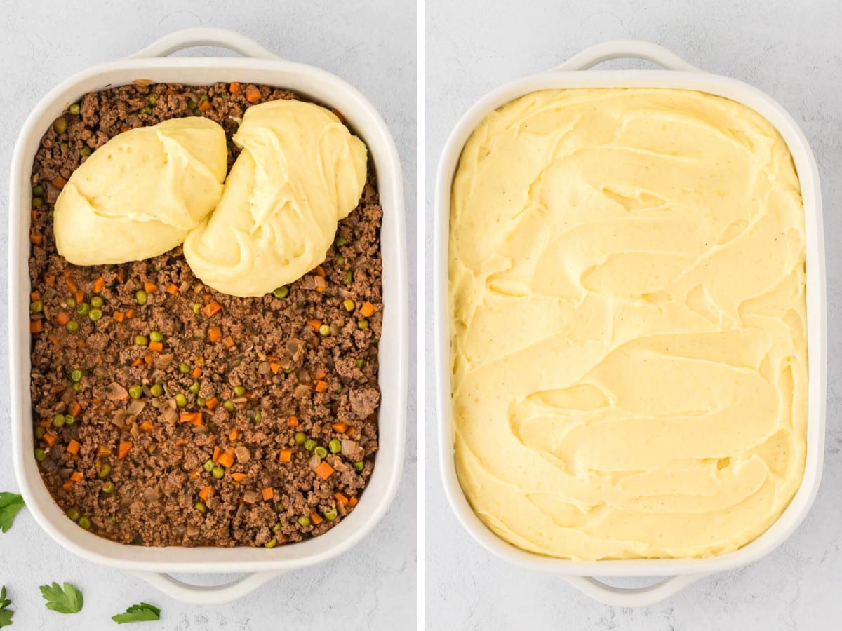 A casserole dish filled with ground beef filling and then adding mashed potatoes to the top.