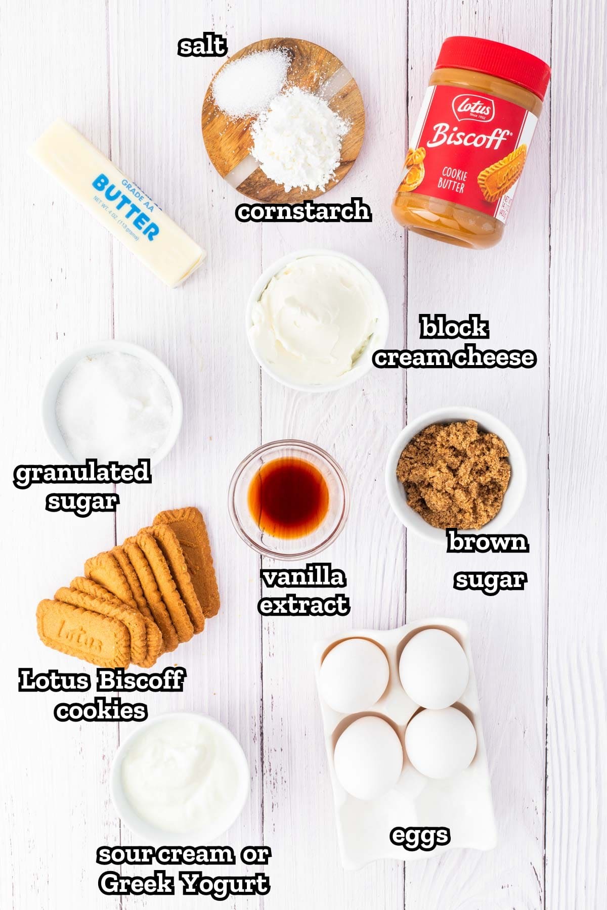 Biscoff cheesecake recipe labeled ingredients.