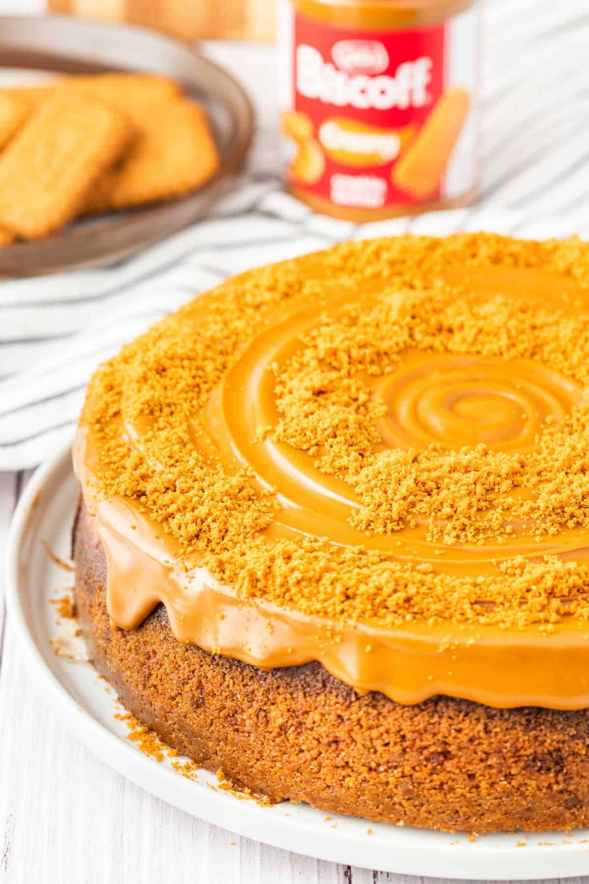 A whole Biscoff Cheesecake topped with cookie butter and cookie crumbs.