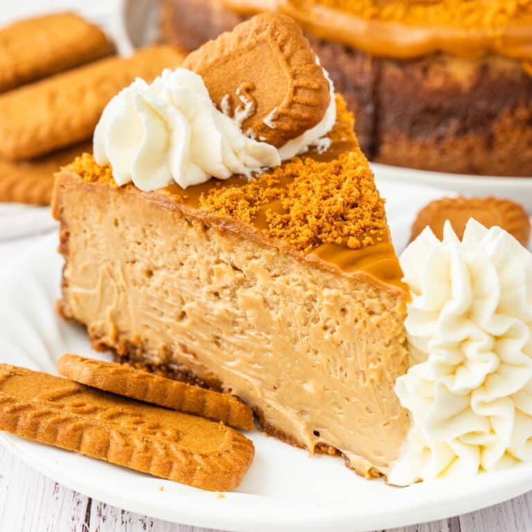 A slice of Biscoff Cheesecake topped with whipped cream on a white plate.