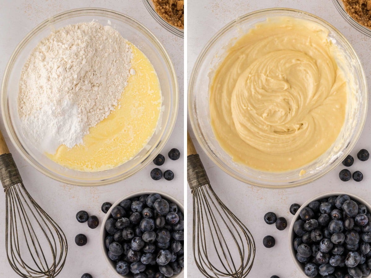 Flour added to the batter and then stirred to combine.