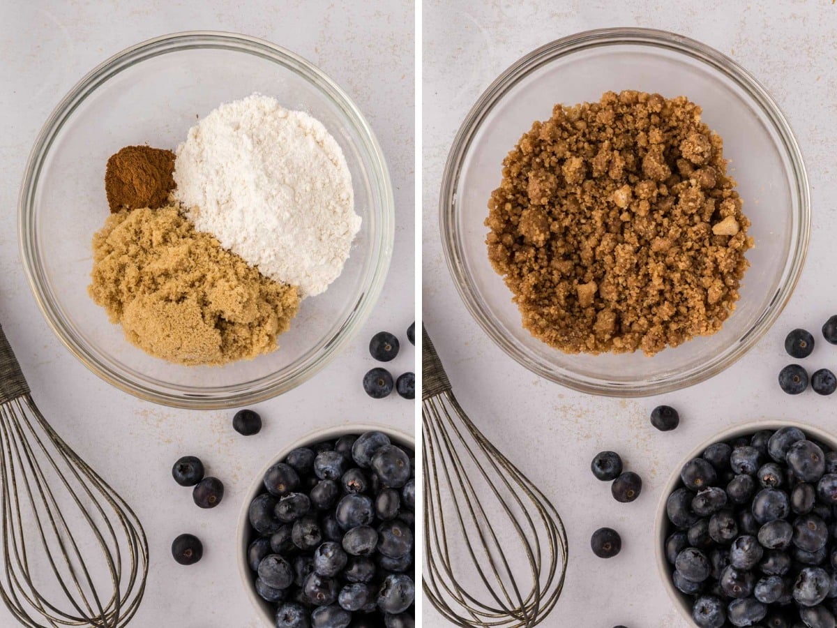 Brown sugar, cinnamon, flour, and melted butter in and bowl and then combined to for a streusel topping.