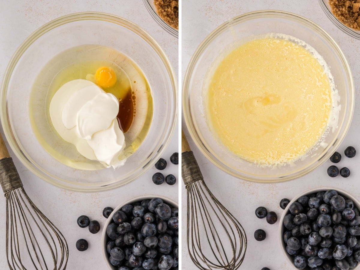 Wet ingredients added to a bowl and then mixed together to combine.