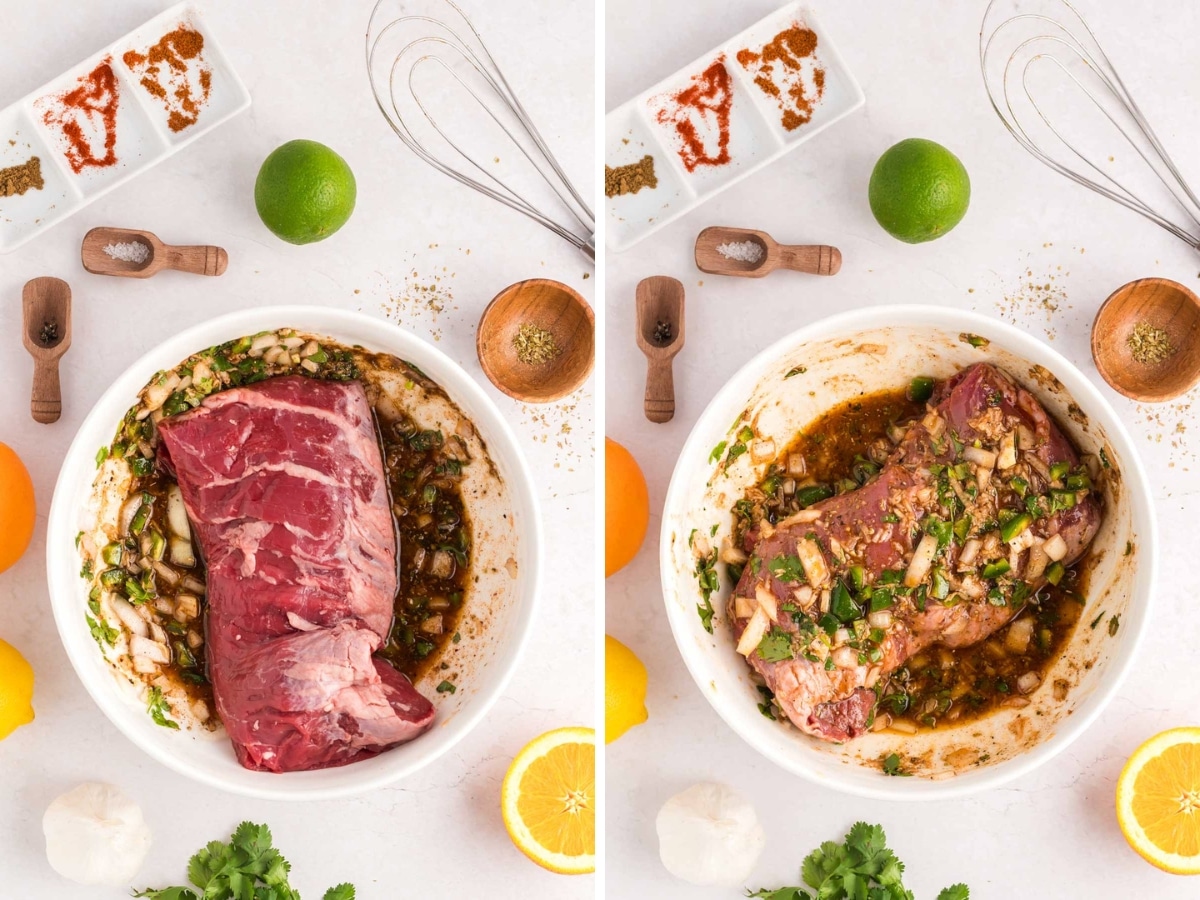 A flank steak in a bowl of marinade.