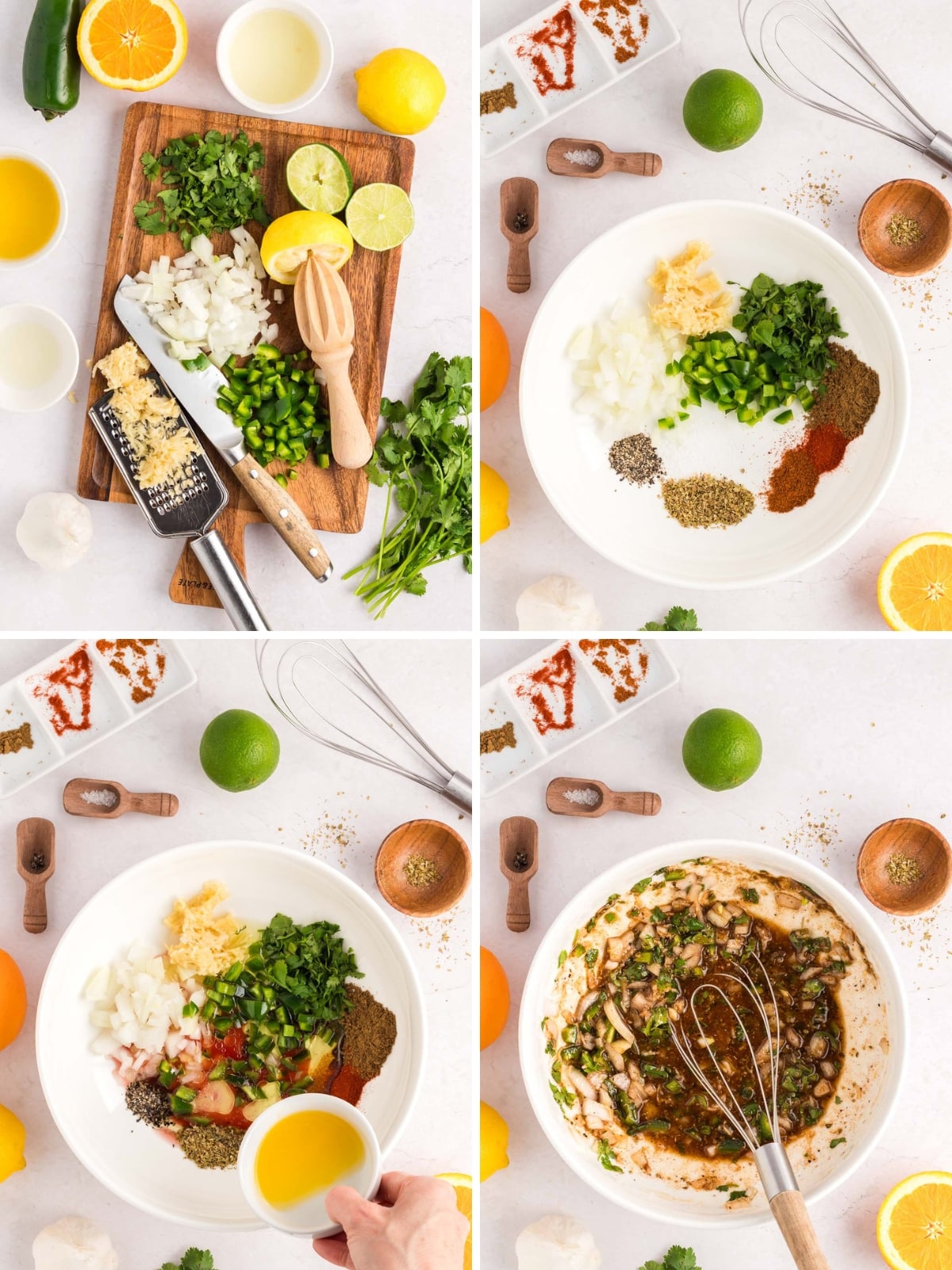 A collage of chopping vegetables, adding spices to a bowl, then pouring in liquids and stirring together the marinade.