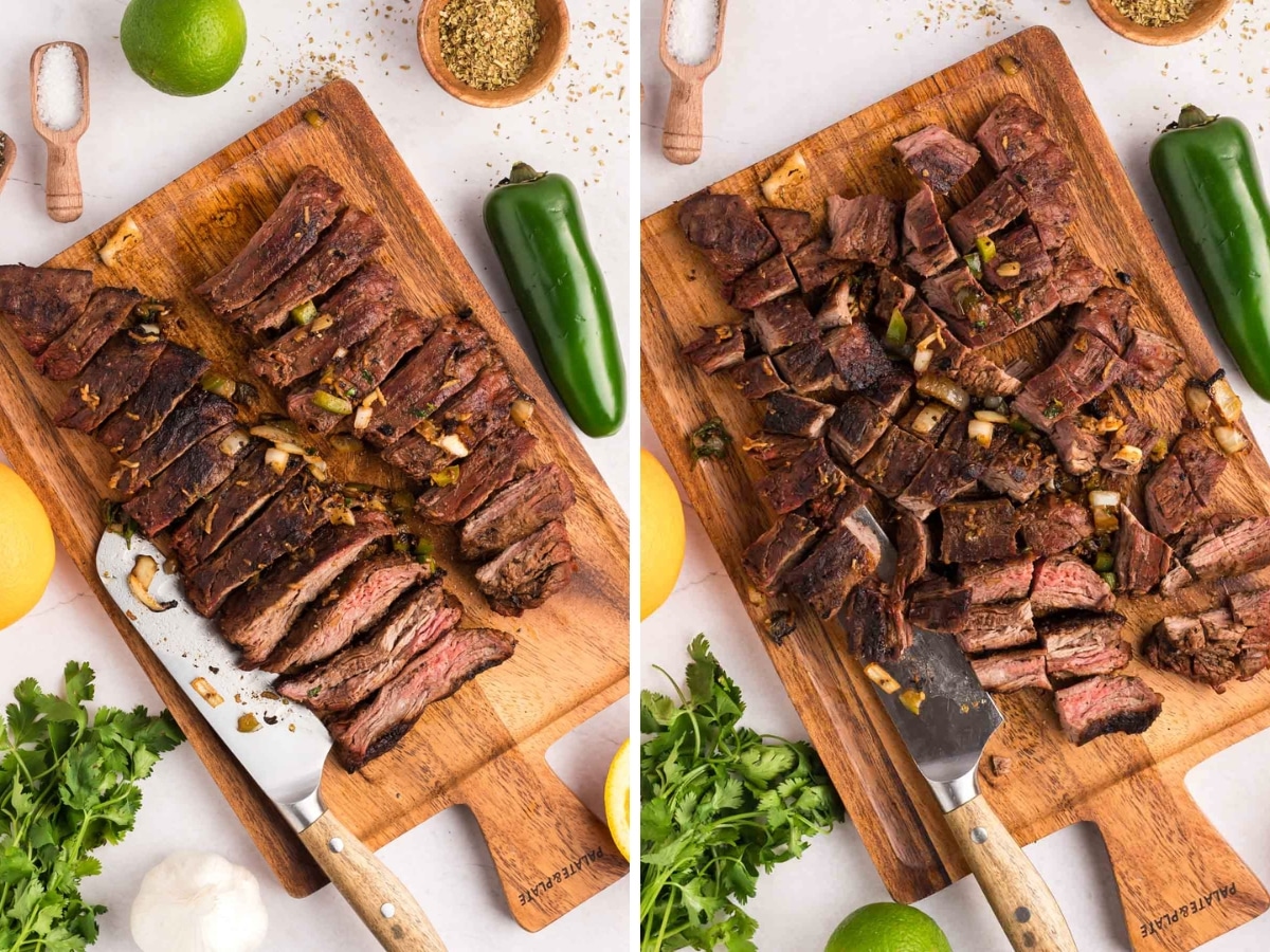 Sliced carne asada on a wooden cutting board.