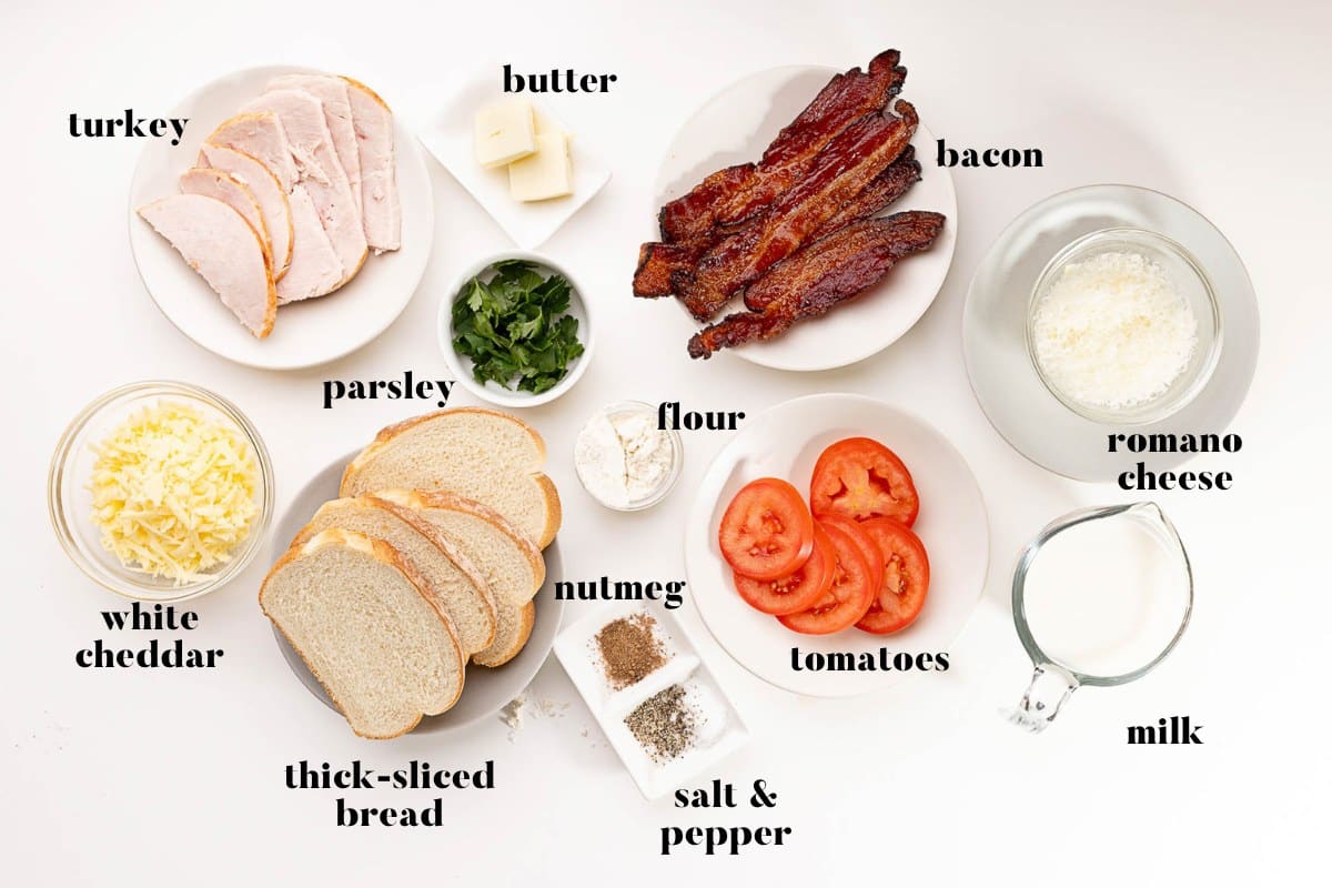 A labeled picture of ingredients needed to make a Kentucky Hot Brown sandwich.
