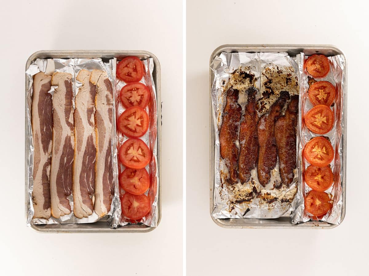 Bacon and tomatoes on a foil lined baking sheet.