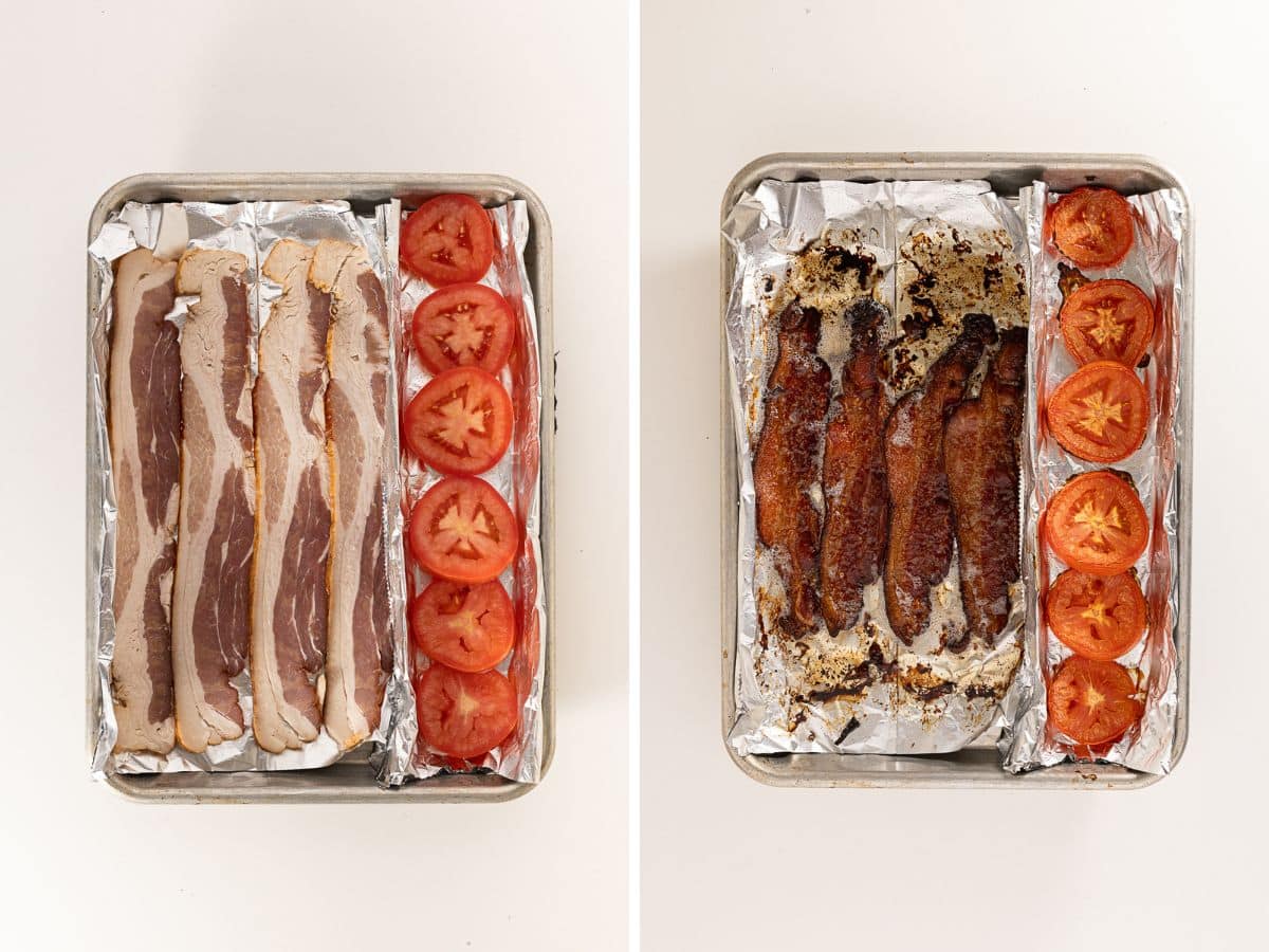 Bacon and tomatoes on a foil lined baking sheet.